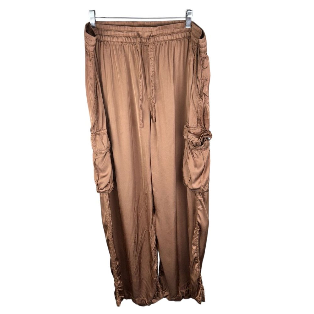 AERIE‎ SZ XL COPPER SATIN ELASTIC TIE WAIST WIDE LEG CARGO POCKETS VISCOSE PULL